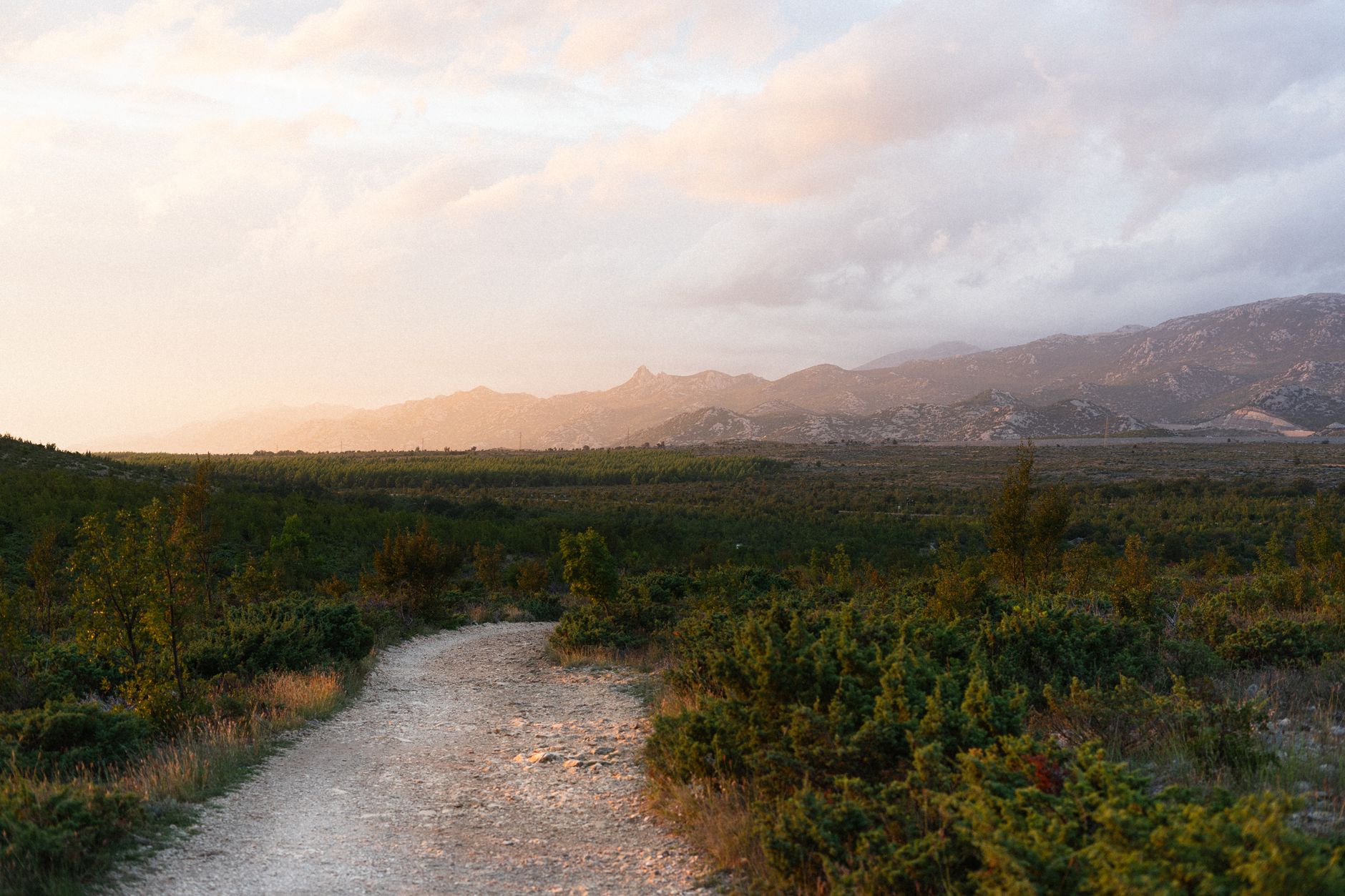 Peaceful mountain landscape with a winding path at sunset.